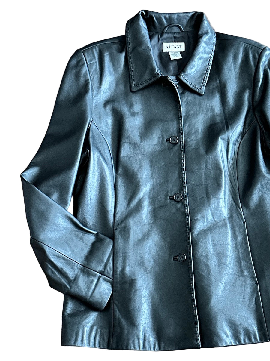 Black leather jacket on a white background with 'ALFANI' label visible.