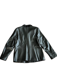 Backside of a black leather jacket on a white background
