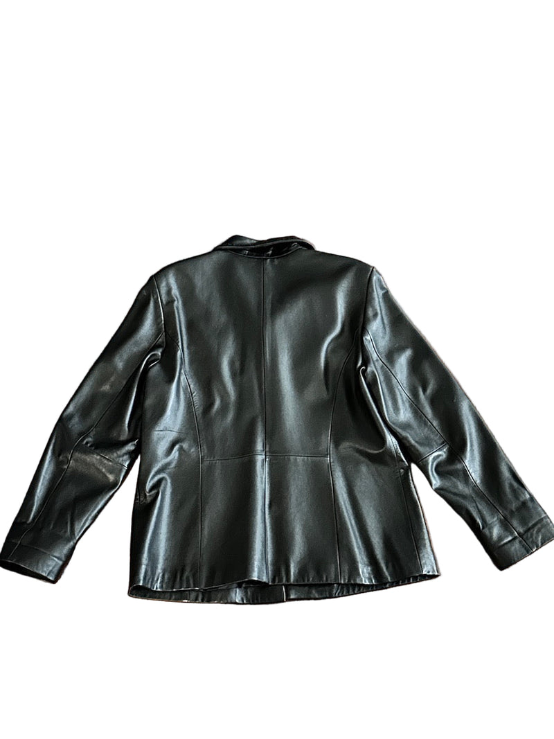 Backside of a black leather jacket on a white background