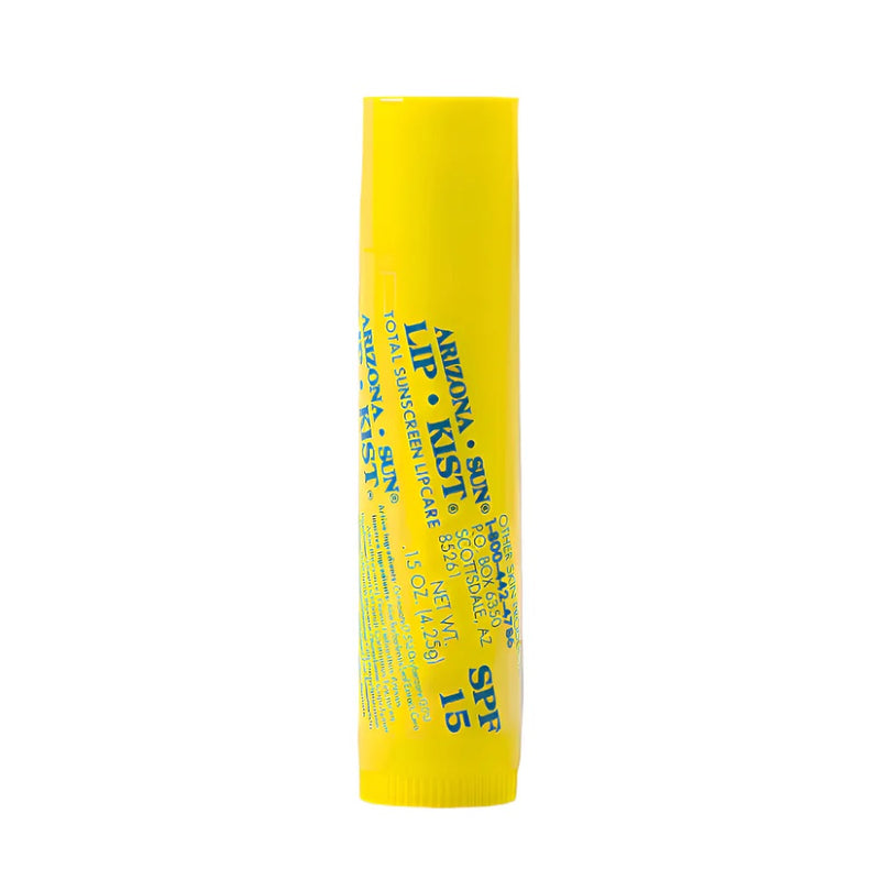 Arizona Sun Lip Kist Lemon Lip Balm SPF 15 Yellow lip balm tube with text on a white background