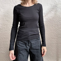 Person wearing a black long-sleeve shirt and dark jeans against a plain background