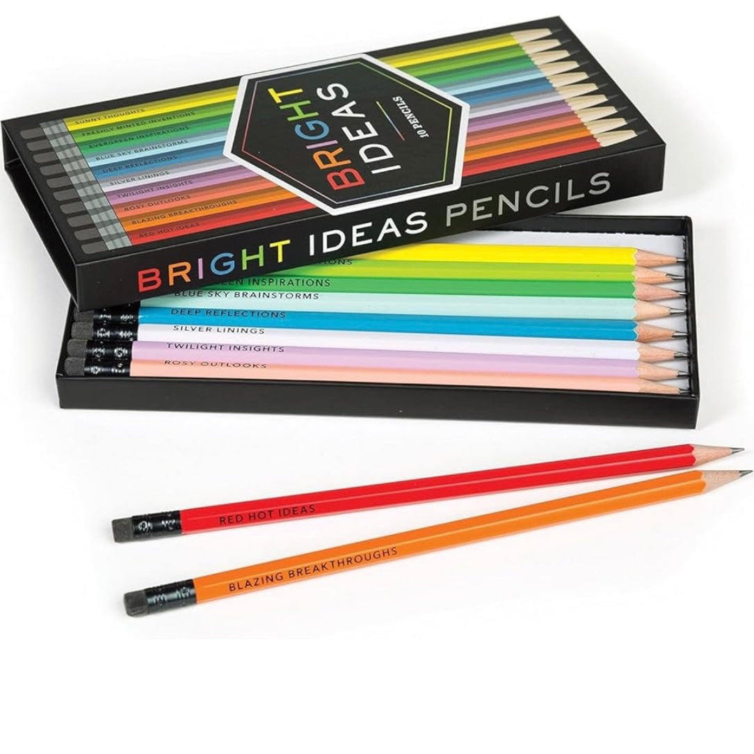 Box of 'Bright Ideas' pencils with two pencils displayed in front on a white background