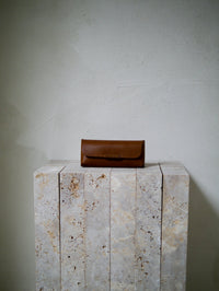 Brown leather glasses case on a stone surface