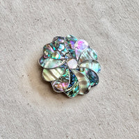 Multicolored abalone shell brooch on a textured beige surface