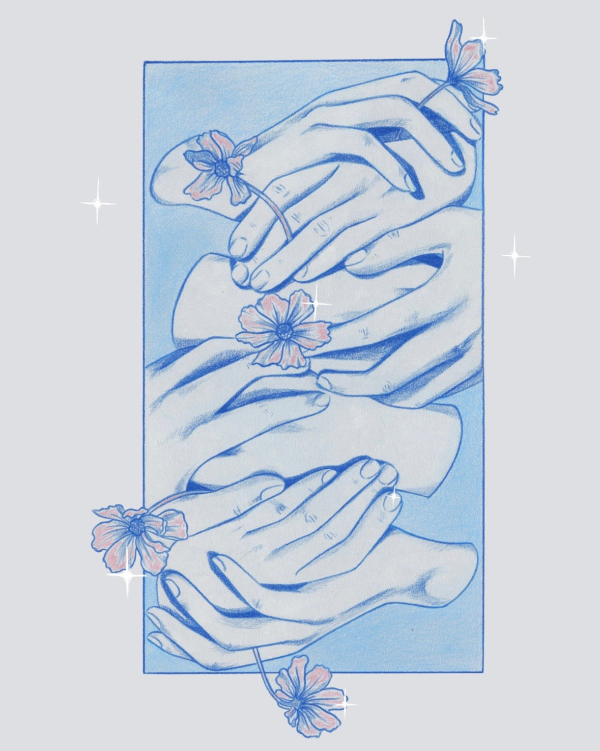 Illustration of intertwined hands with flowers on a light blue background