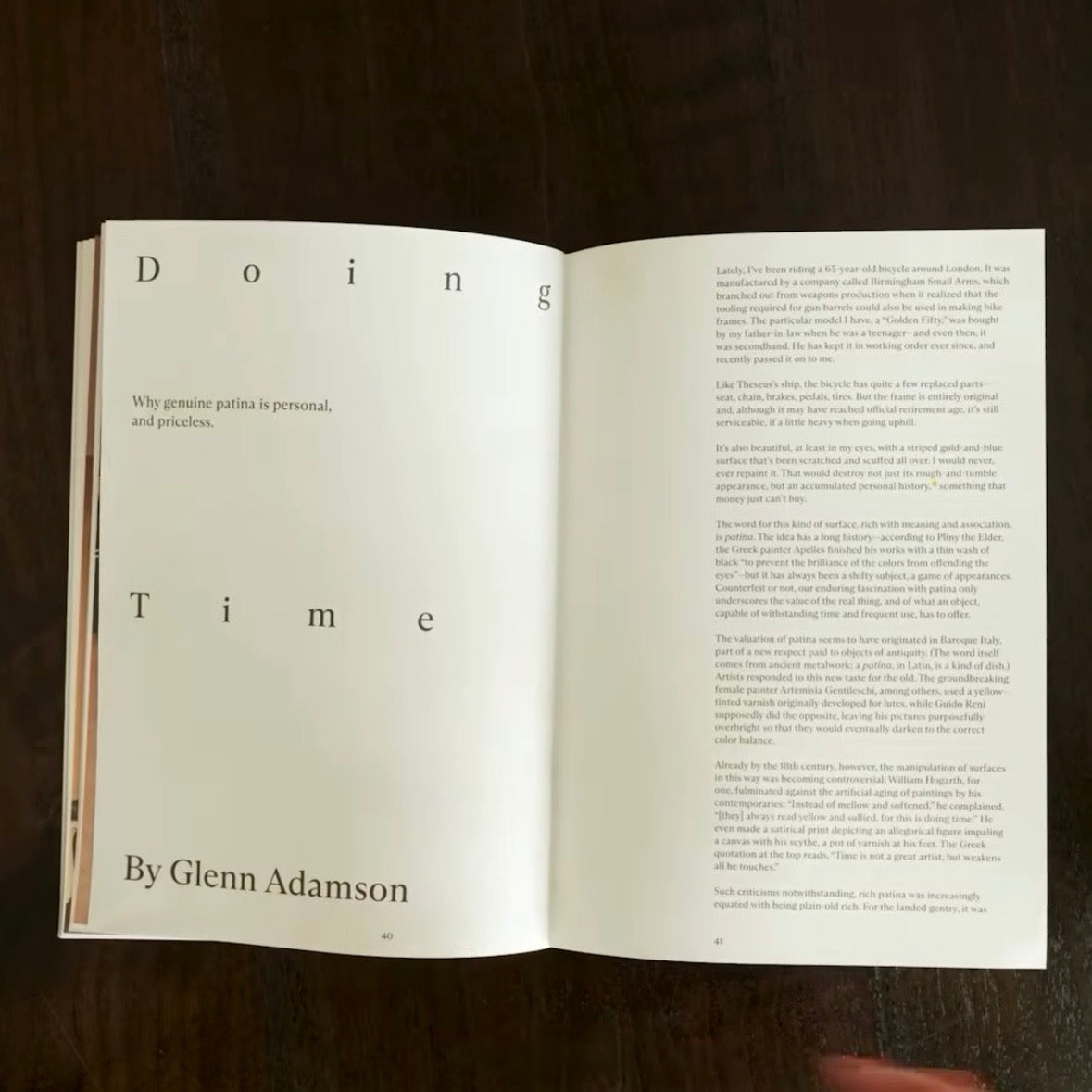Open magazine with article titled 'Doing Time' by Glenn Adamson on a dark surface