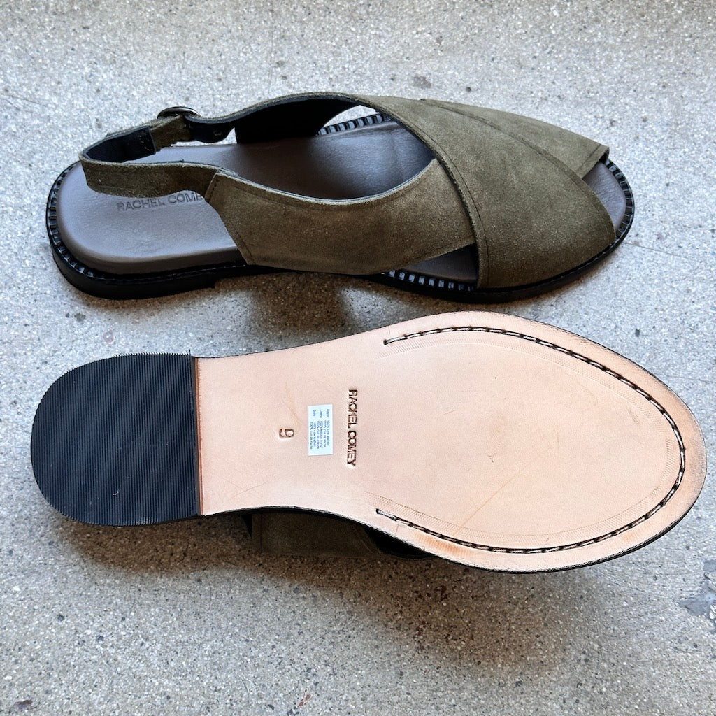 Top and bottom view of green suede and leather sandals by Rachel Comey