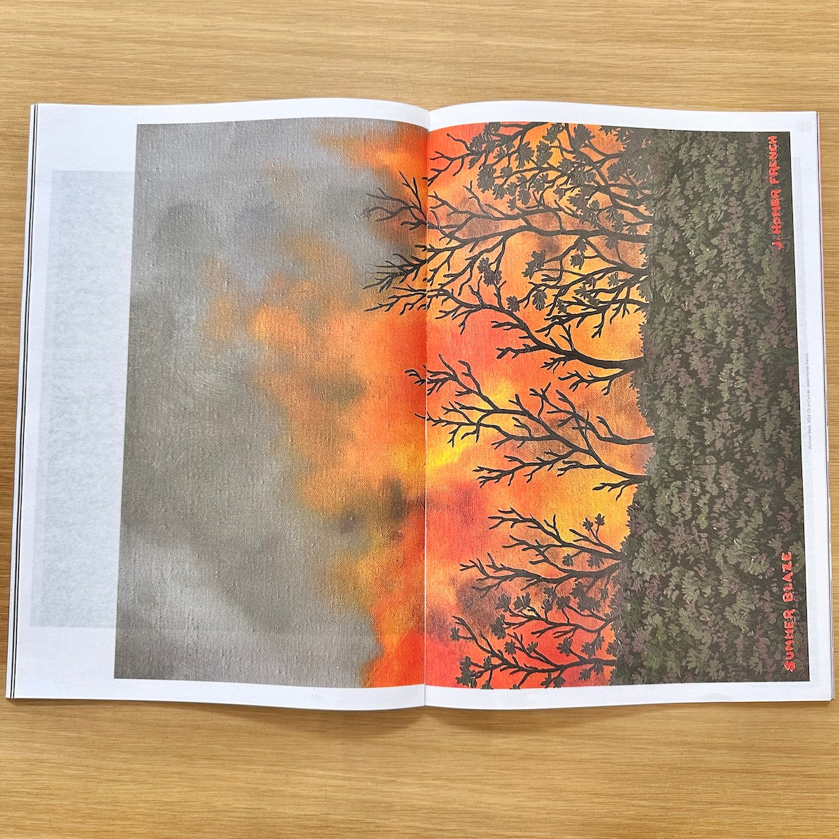 An open art book or magazine lying on a light wood surface, showing a printed landscape artwork with a gray sky, orange and yellow fire-like glow, bare tree silhouettes, and a dark green forested hillside. The title 'SOULS OF BLACK' is visible along the right edge.