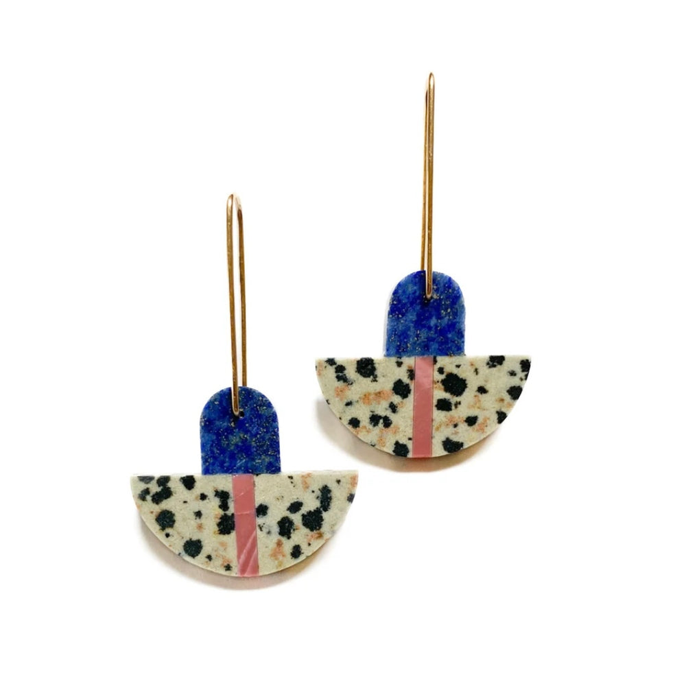 Triple Stone Earrings | Lapis, Dalmatian Stone, Pink Opal