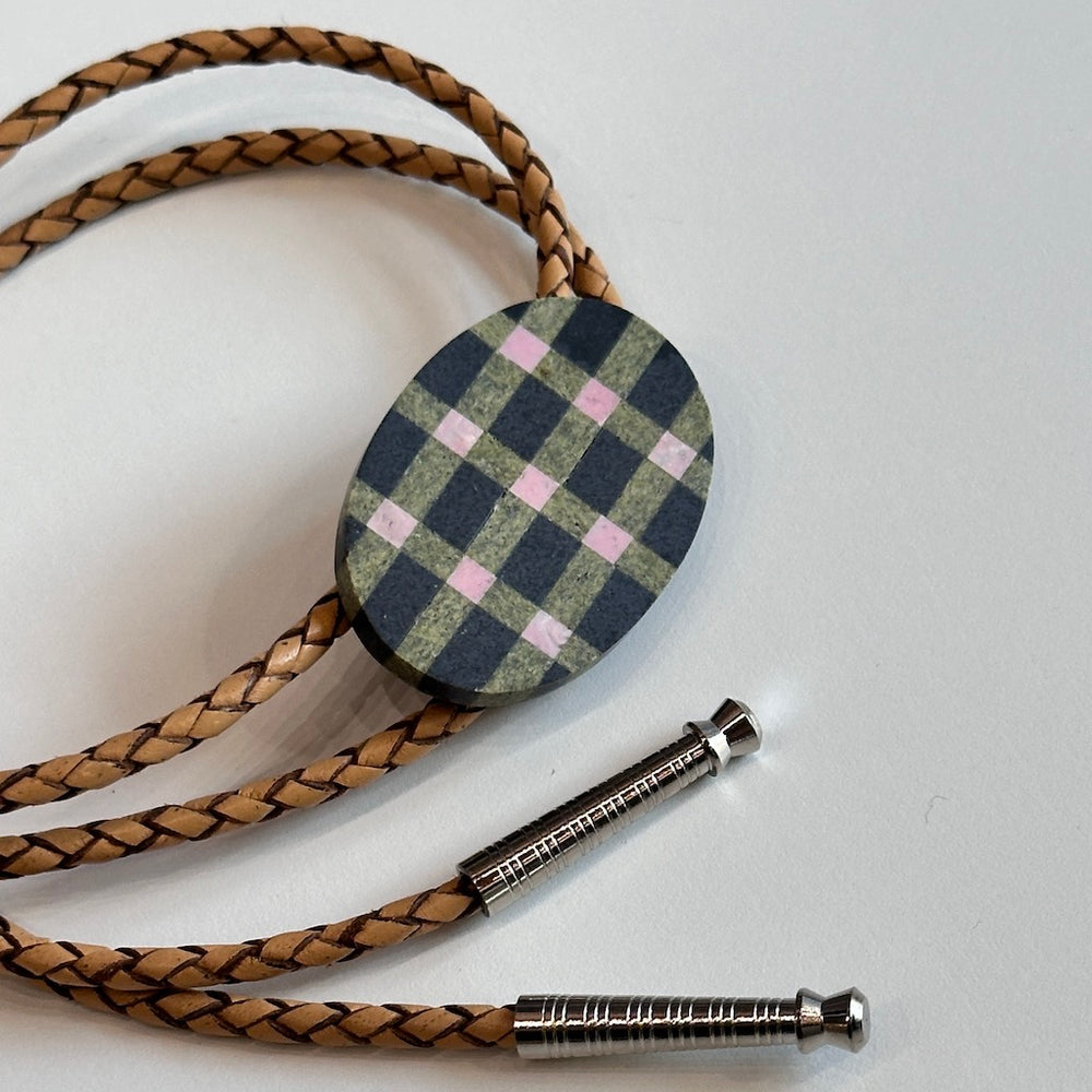Oval Plaid Stone Bolo Tie Necklace