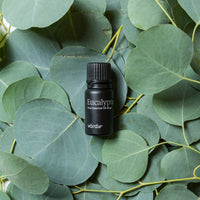 A small black bottle labeled 'Eucalyptus Pure Essentials Oil Drop' and 'Vörda' placed on a bed of green eucalyptus leaves.