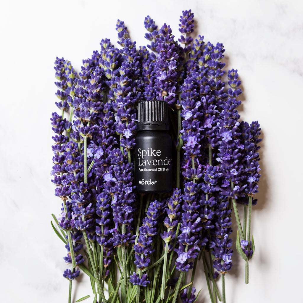 A small black bottle labeled 'Spike Lavender' and 'Vörda' is nestled in the center of a dense cluster of purple lavender flowers on a light marble-like background.