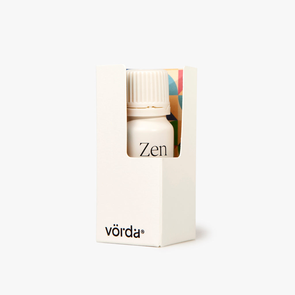 A small white bottle labeled 'Zen' displayed inside a white rectangular box with the brand name 'vörda' printed near the bottom, on a clean white background.