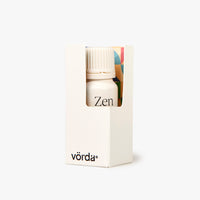 A small white bottle labeled 'Zen' displayed inside a white rectangular box with the brand name 'vörda' printed near the bottom, on a clean white background.