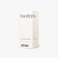 A minimalist white box for Vörda Eucalyptus pure essential oil single, shown on a clean, light off-white background.