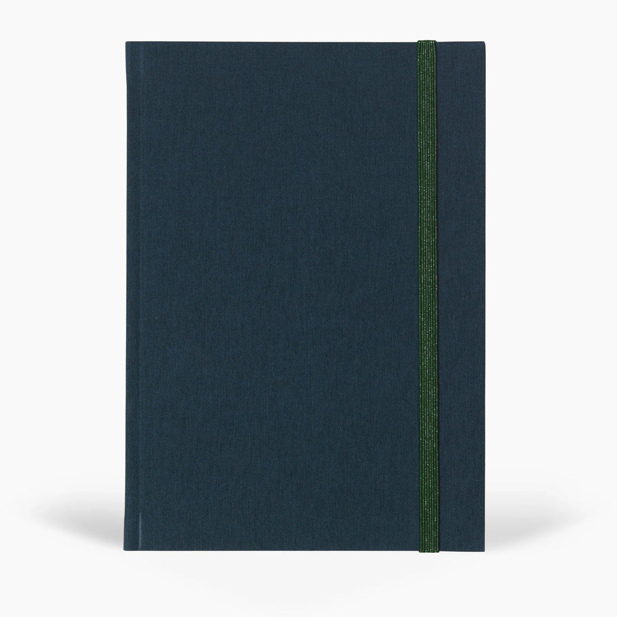 Dark blue notebook with a green strap on a white background