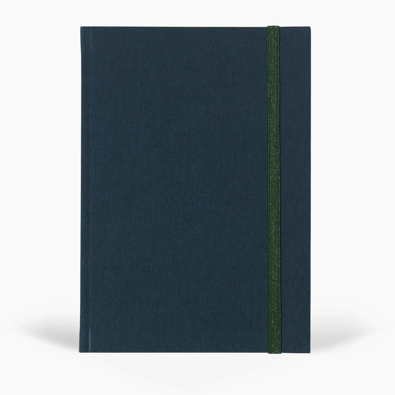 Dark blue notebook with a green strap on a white background