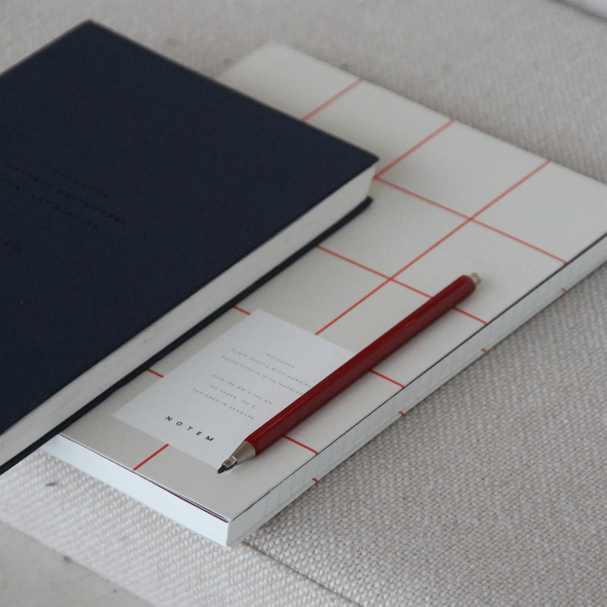 Two notebooks with a red pen on a textured surface