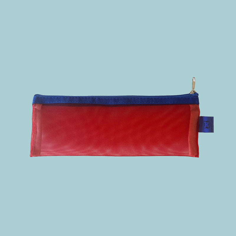 Red pouch with blue zipper on a light blue background