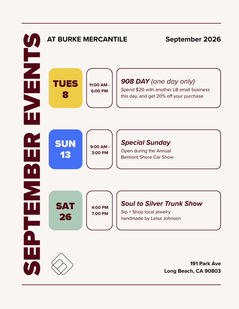 A promotional event poster for September 2026 at Burke Mercantile, featuring three event boxes for Tuesday 8th, Sunday 13th, and Saturday 26th with colors, times, and descriptions on a light beige background.