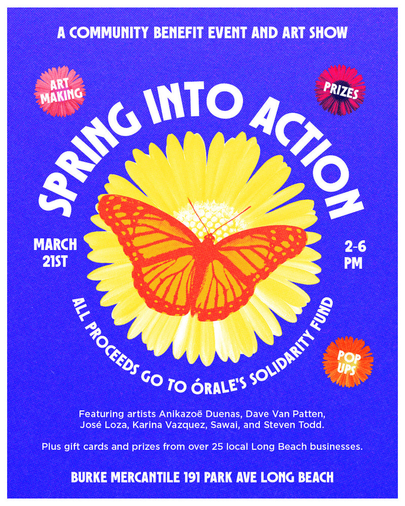 Promotional poster for 'Spring Into Action' event with butterfly and flower design on a blue background.