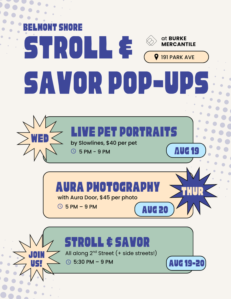 Promotional flyer for 'Stroll & Savor Pop-Ups' in Belmont Shore, featuring event details for pet portrait sessions and photography on a light cream background with blue text and dotted patterns.