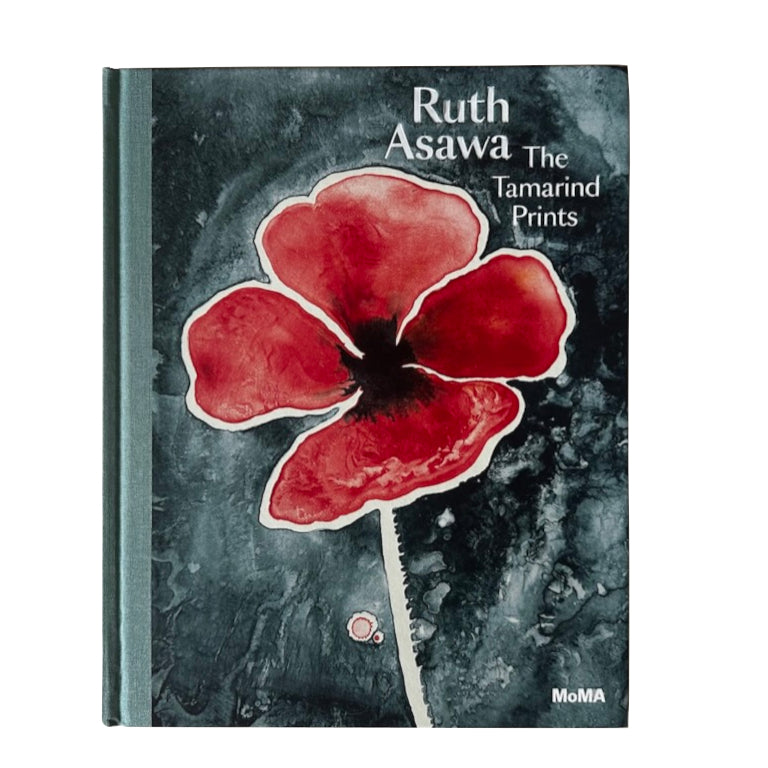 Book cover with a red flower illustration and text about Ruth Asawa and Tamarind Prints.
