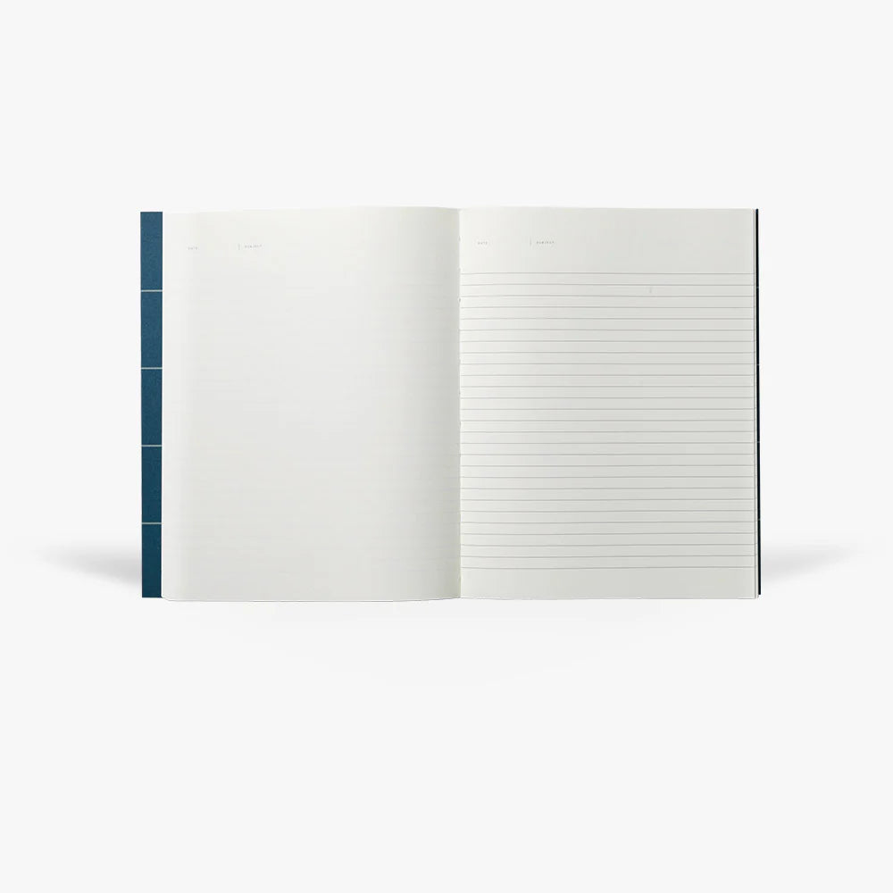 Open notebook with lined pages on a white background