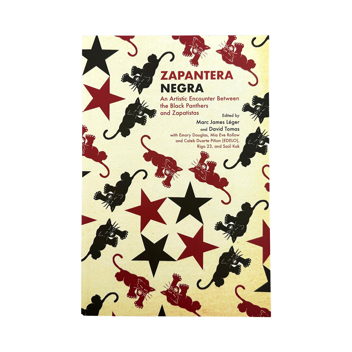 A book cover for 'Zapantera Negra' featuring a cream-colored background with a repeating pattern of black and red silhouettes of panthers and stars, with the title in red text.