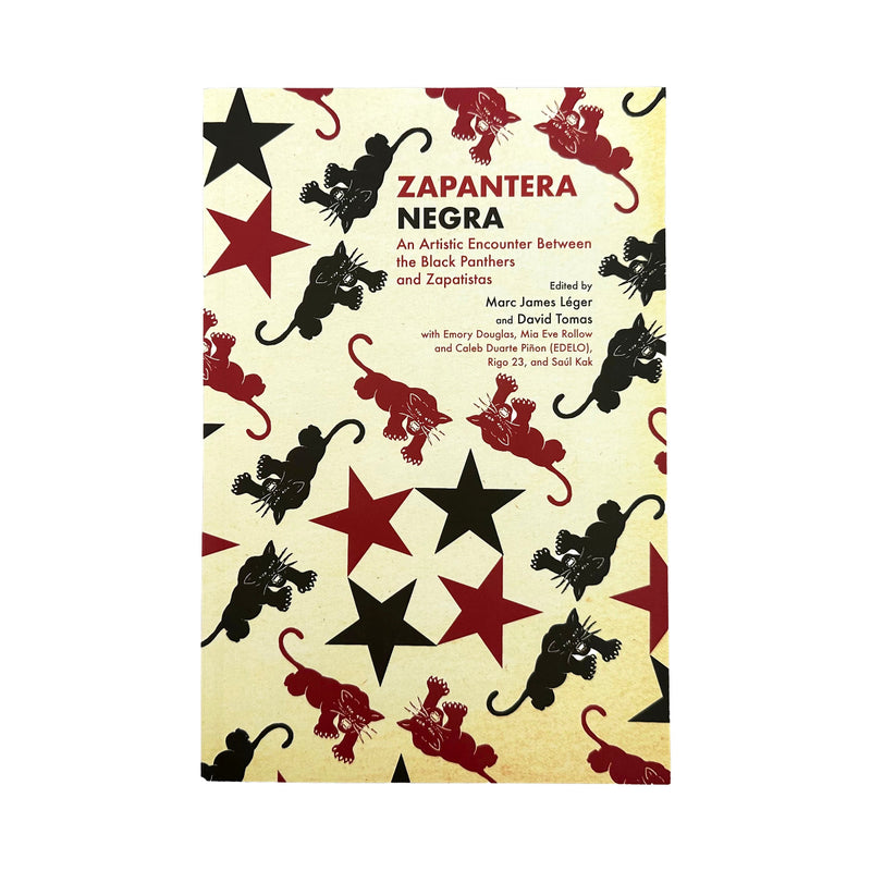 A book cover for 'Zapantera Negra' featuring a cream-colored background with a repeating pattern of black and red silhouettes of panthers and stars, with the title in red text.