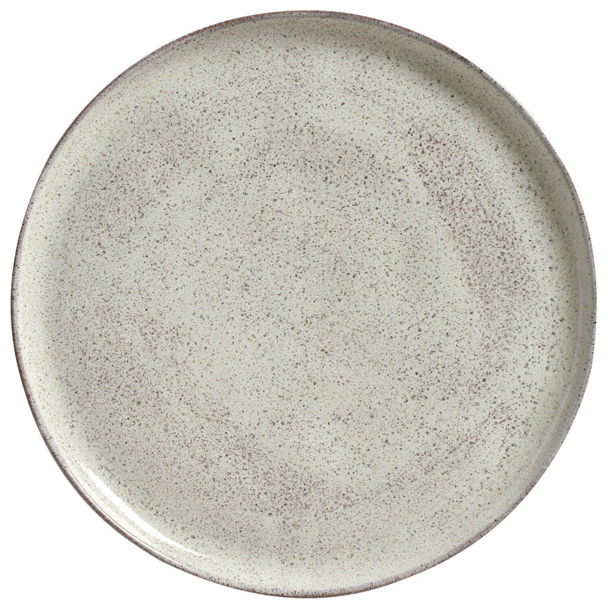 Round ceramic plate with a speckled gray pattern on a white background