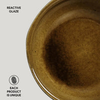 Brown ceramic plate with reactive glaze on a white background