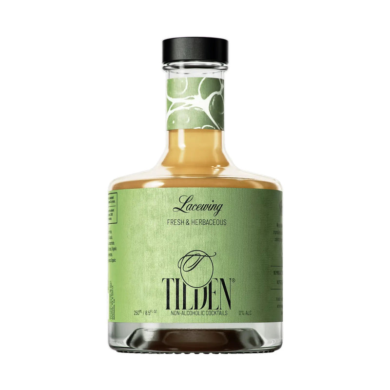 Bottle of Tilden non-alcoholic cocktail with green label on a white background