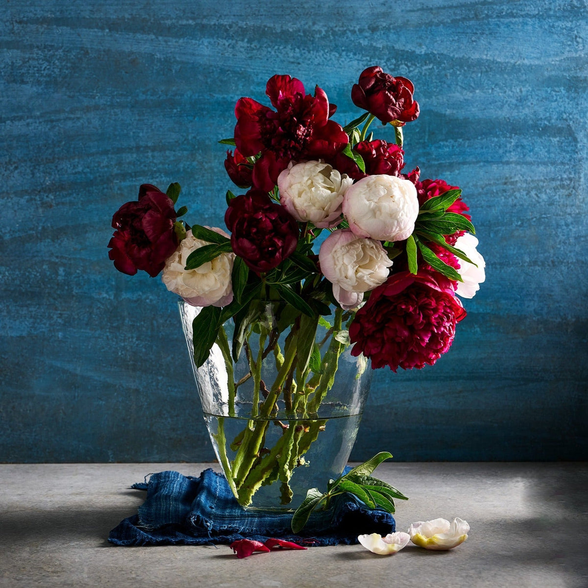 Clear glass vase with red and white flowers against a blue textured background