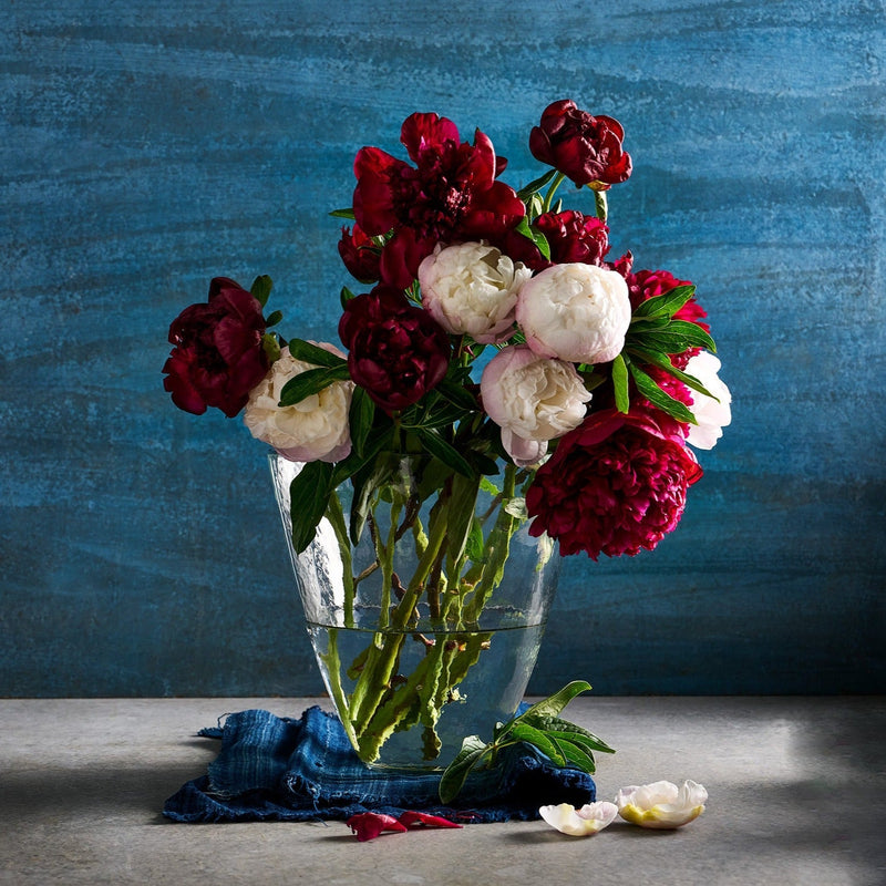 Clear glass vase with red and white flowers against a blue textured background
