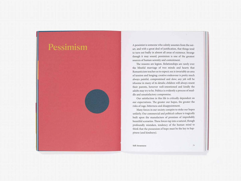 Book open to a page titled 'Pessimism' with text on a white background