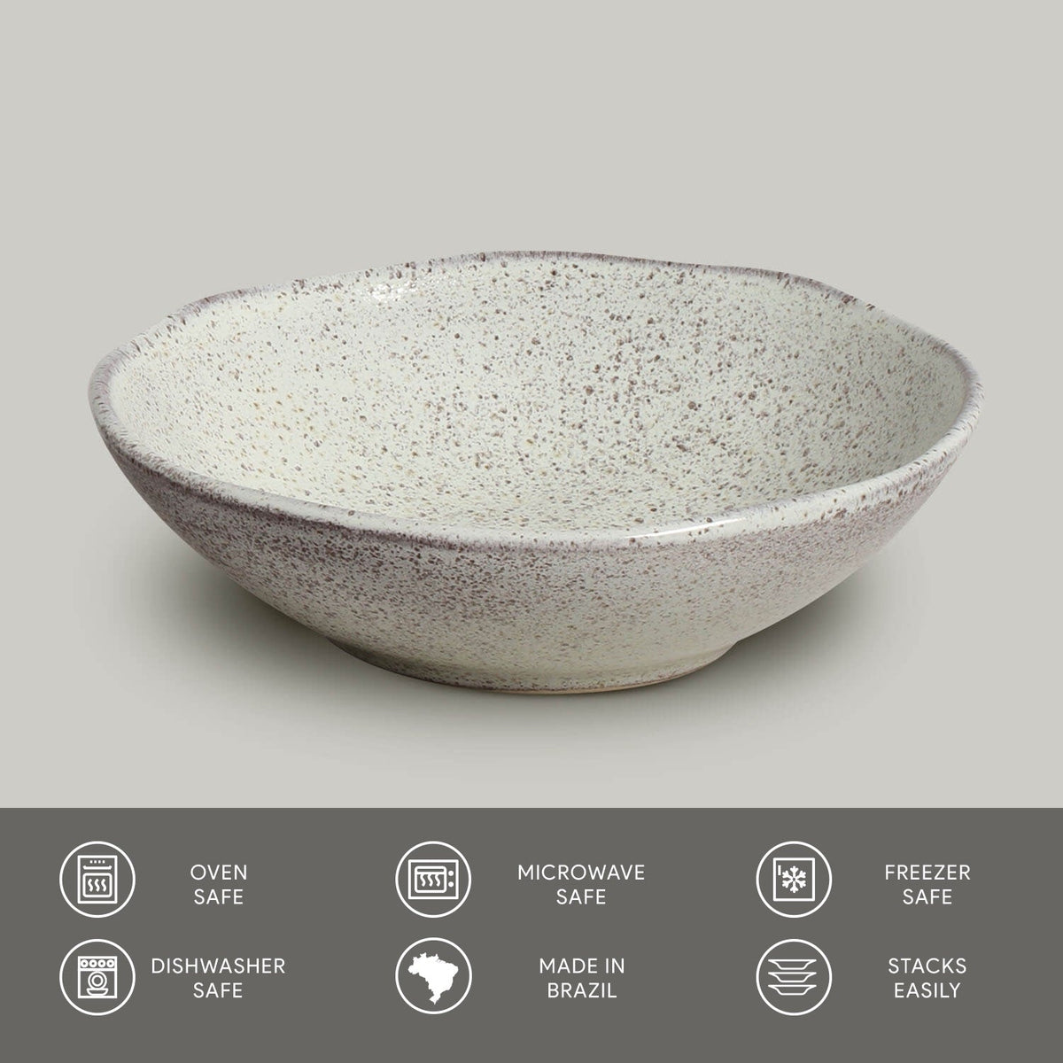 Speckled ceramic bowl on a light gray background with safety and feature icons at the bottom.