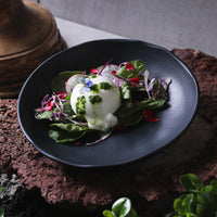 Plated dish with a poached egg and salad on a dark plate