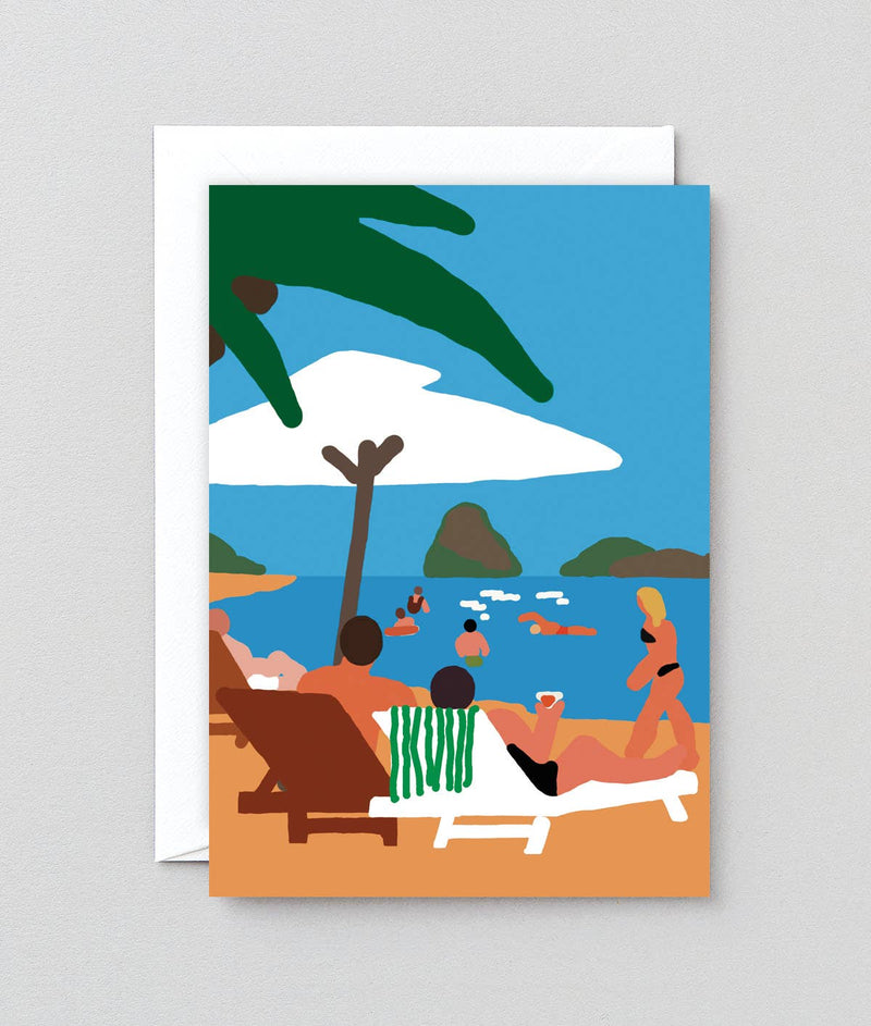 Illustration of people on a beach with palm trees and ocean.
