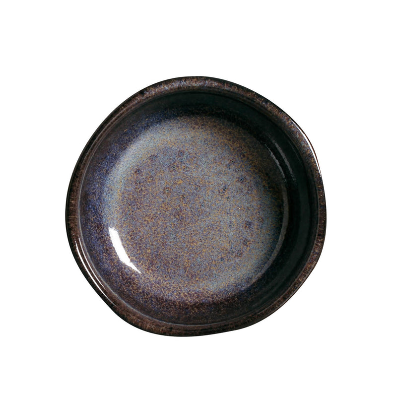 Ceramic bowl with a speckled glaze on a white background