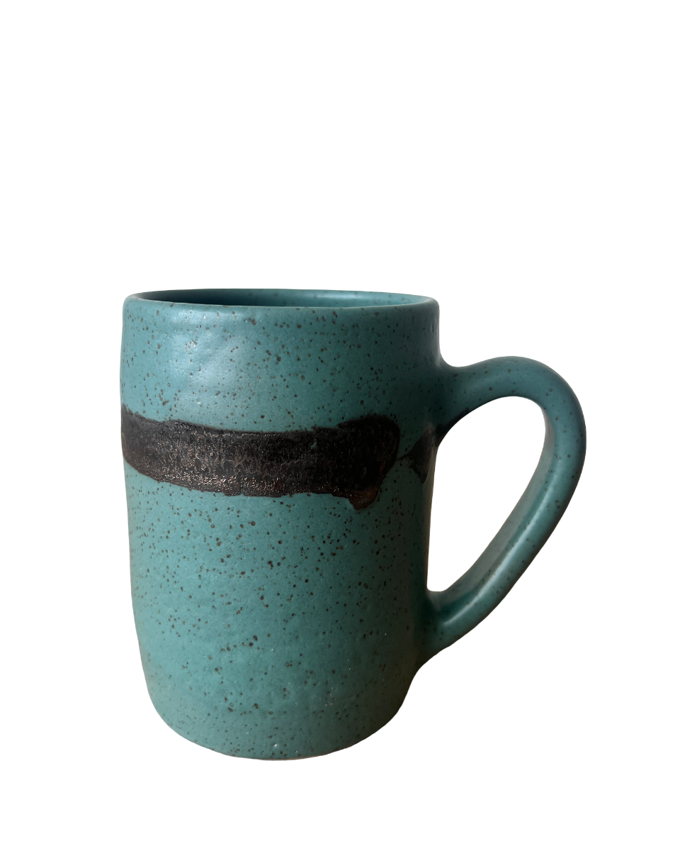 Teal speckled mug with a black stripe on a white background