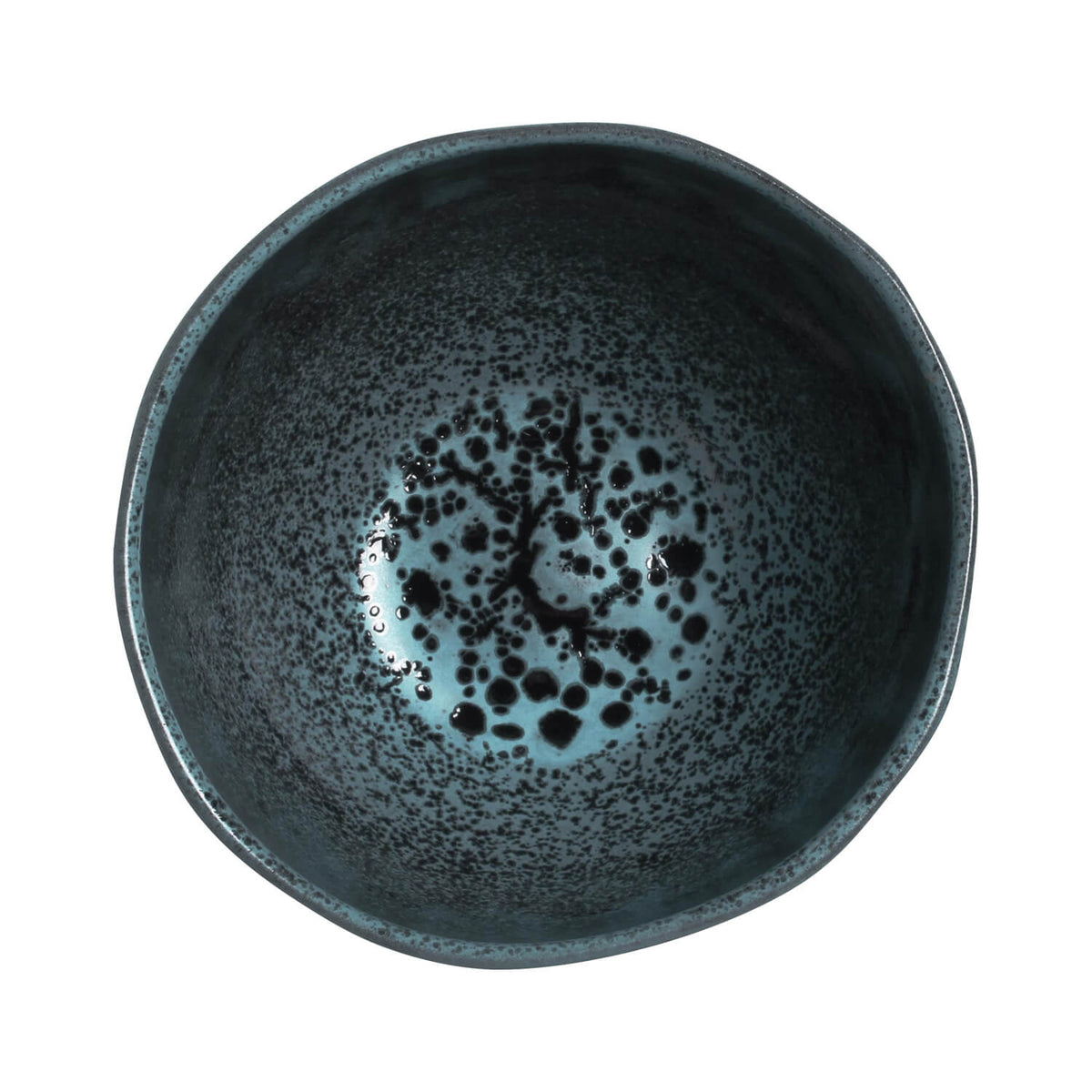 Blue ceramic bowl with speckled pattern on a white background