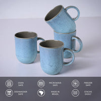 Set of blue ceramic mugs with gray interior on a light gray background with safety features listed below