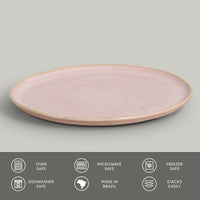 Pink ceramic plate on a gray background with safety and feature icons at the bottom.