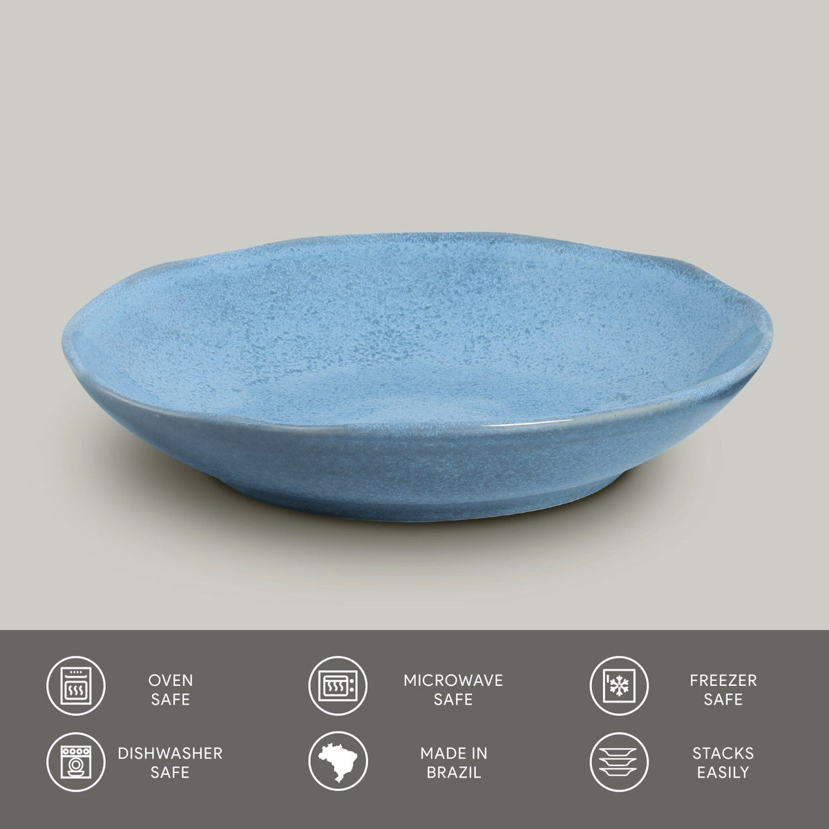 Blue ceramic bowl on a gray background with safety and feature icons at the bottom.