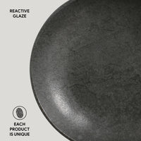 Close-up of a dark gray ceramic plate with 'Reactive Glaze' text and 'Each product is unique' label.