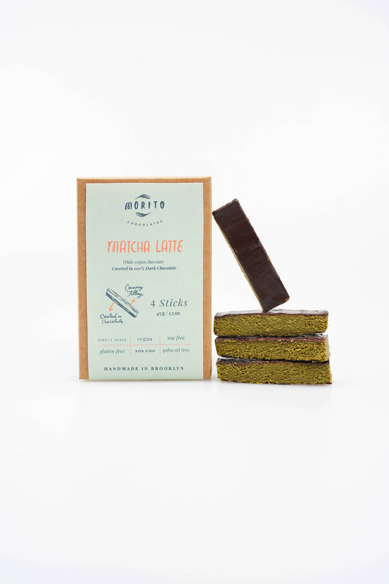 Morito matcha latte chocolate sticks with packaging on a white background