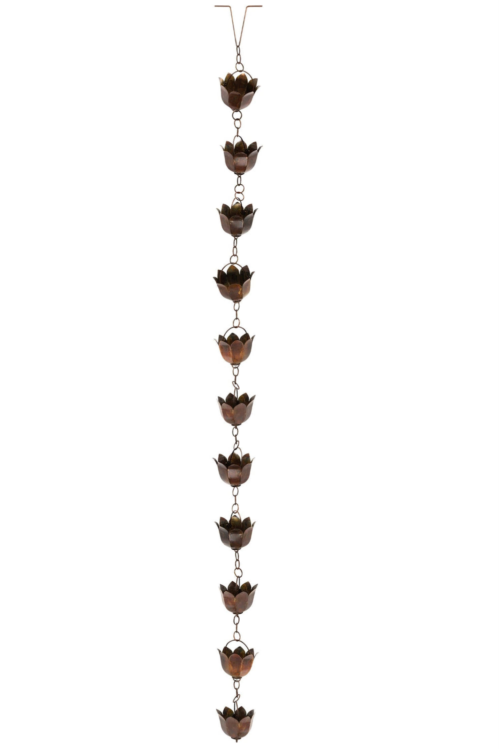 Decorative rain chain with copper-colored metal ends on a white background