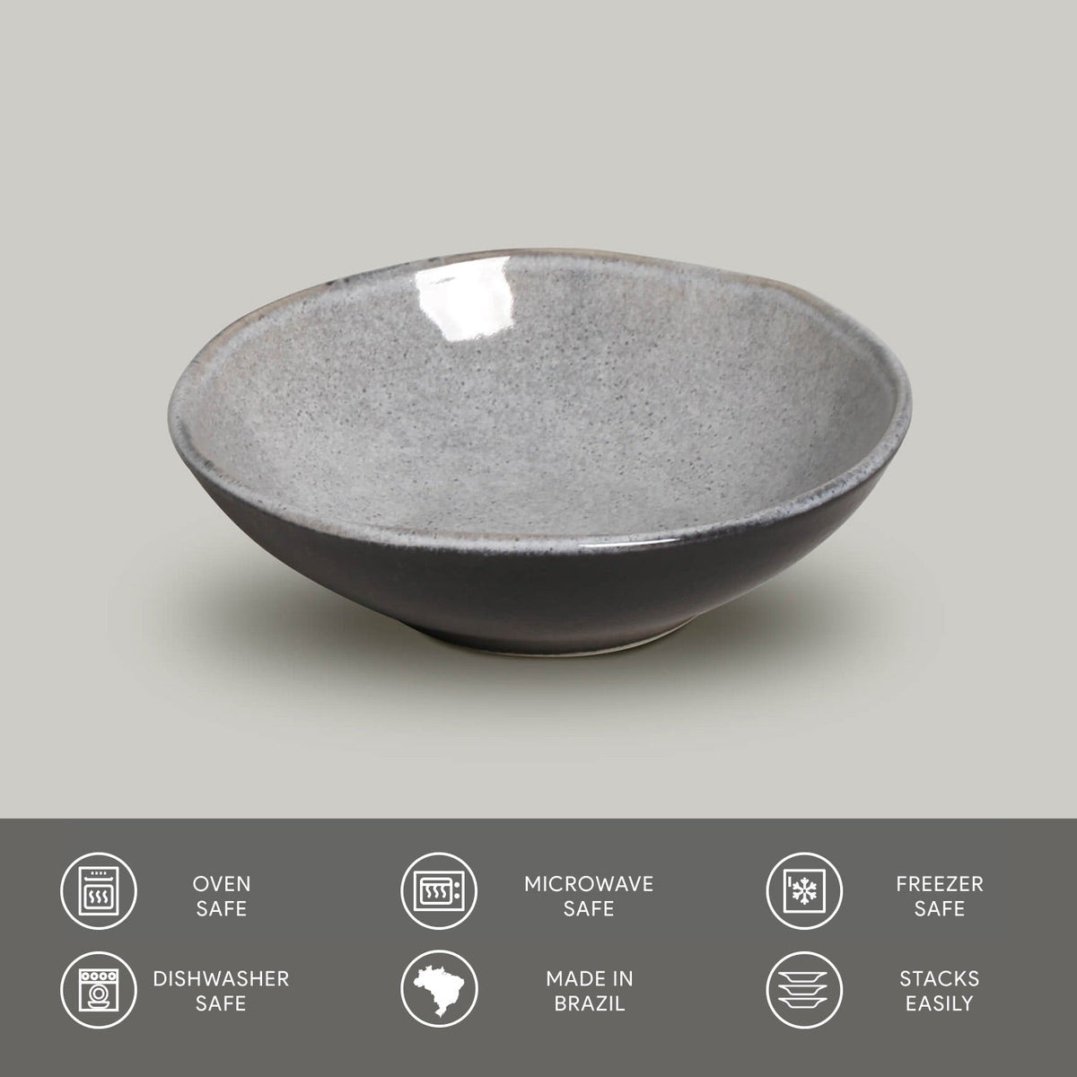 Gray ceramic bowl on a light gray background with safety and feature icons at the bottom.
