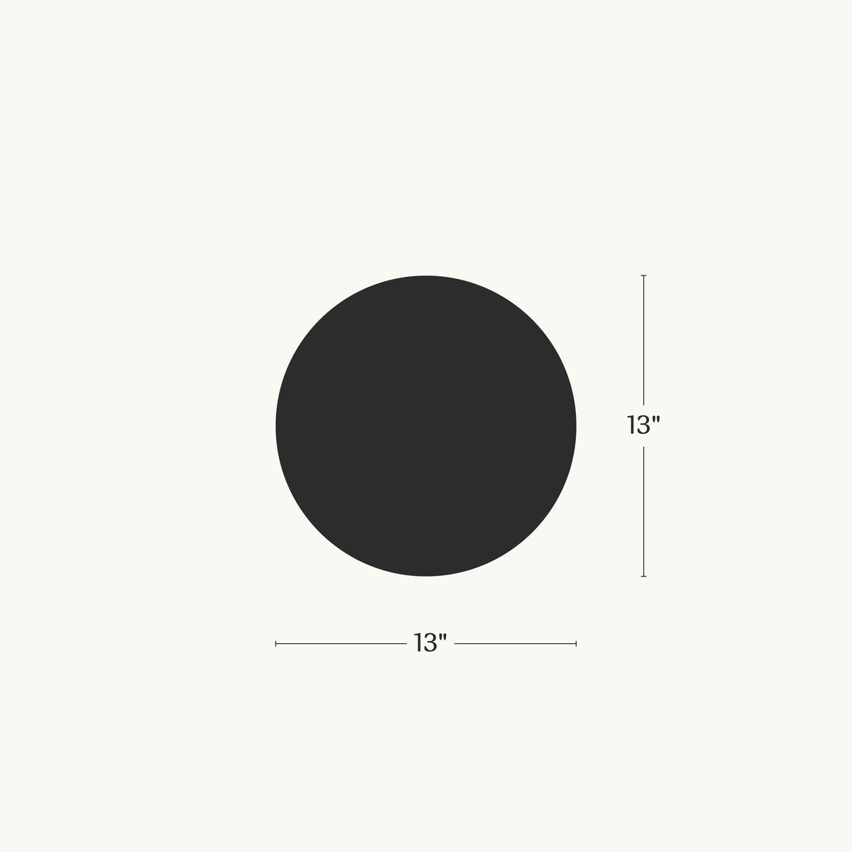 Black circle with measurement label indicating a 13 inch diameter on a white background